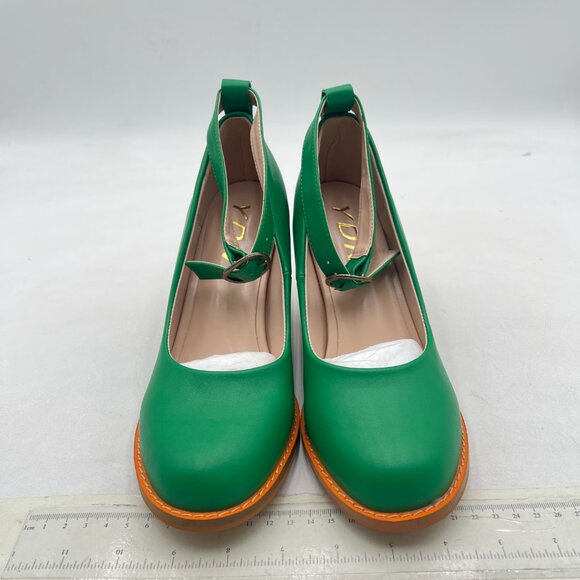 YDN Green Block Heel Pumps Round Toe Low Stacked Heels Ankle Strap Daily Shoes - Picture 3 of 8